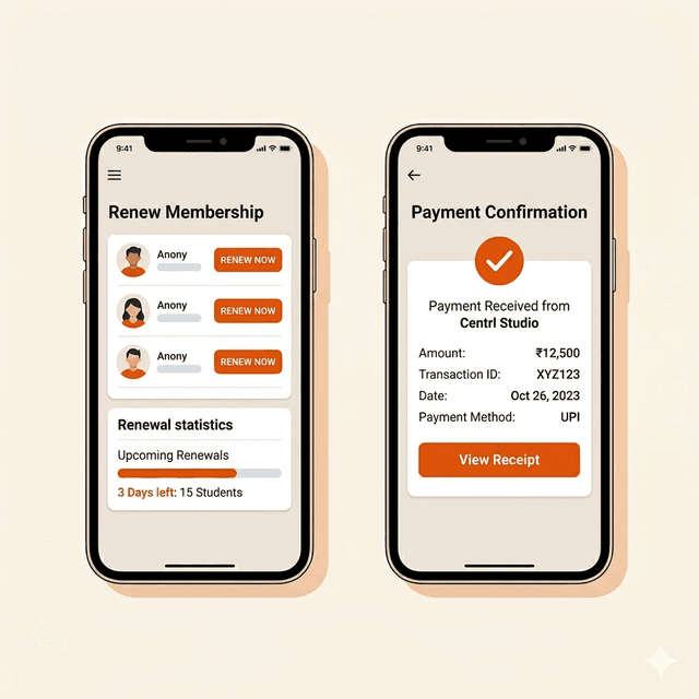 Membership renewal list and payment confirmation screen in Centrl Studio