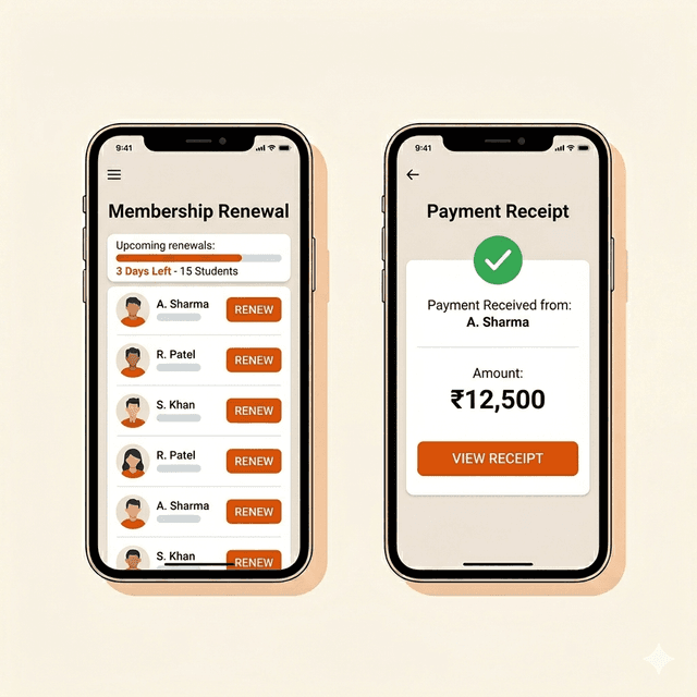 Membership renewal dashboard and payment receipt screen