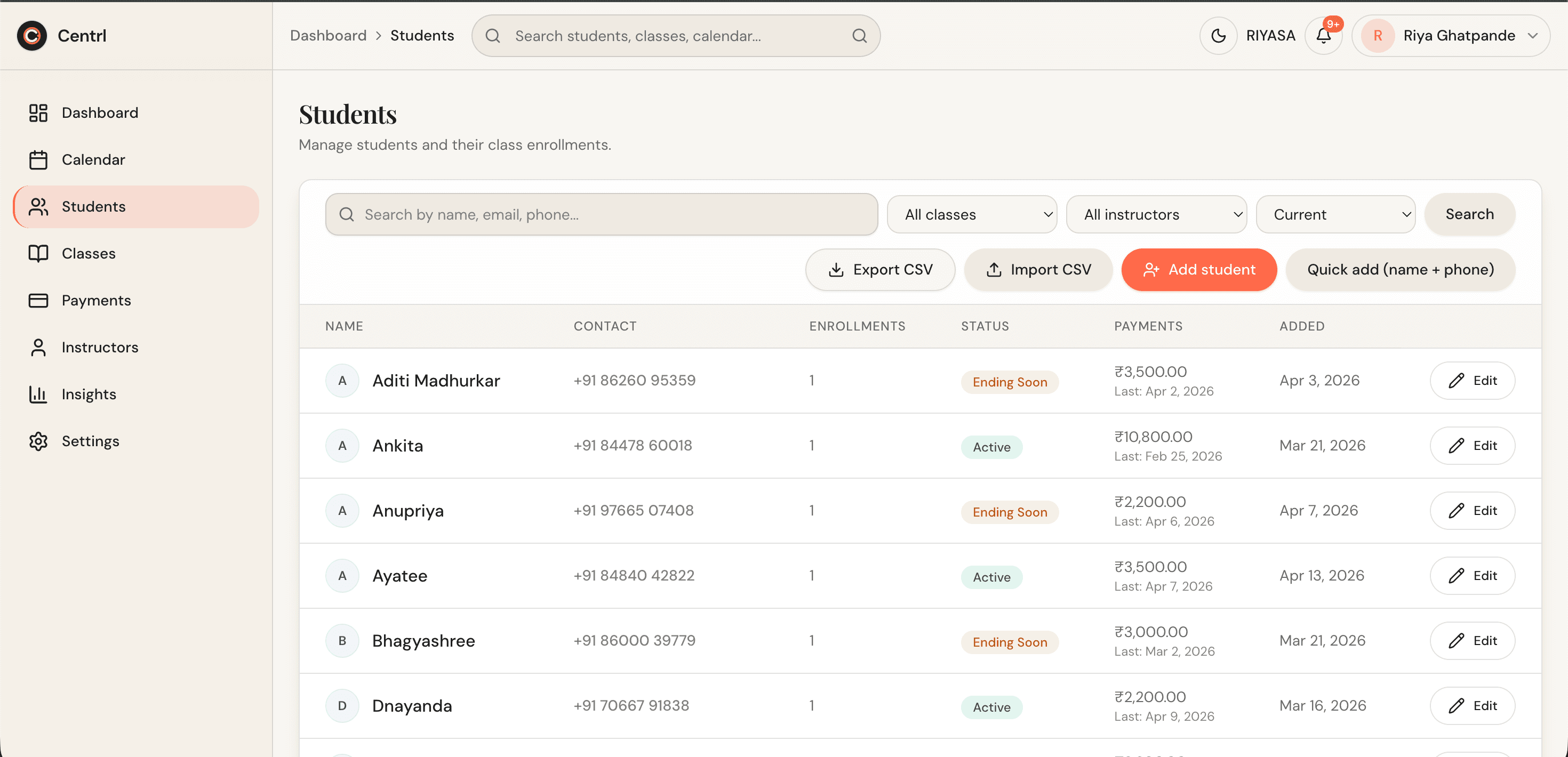 Student Onboarding in Centrl Studio — quick student entry and class assignment workflow