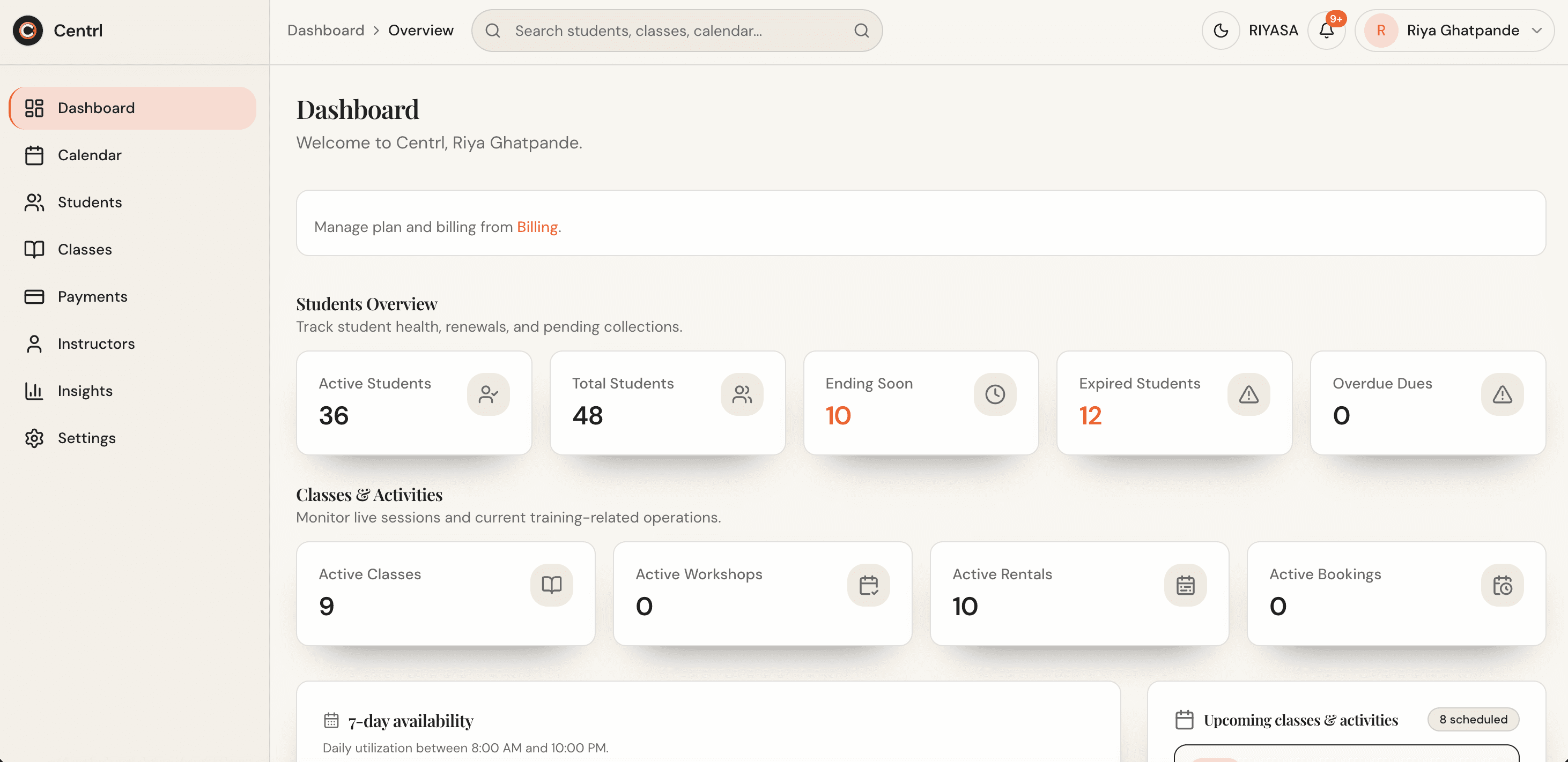 Dashboard Overview in Centrl Studio — studio dashboard with live students, classes, and billing summary
