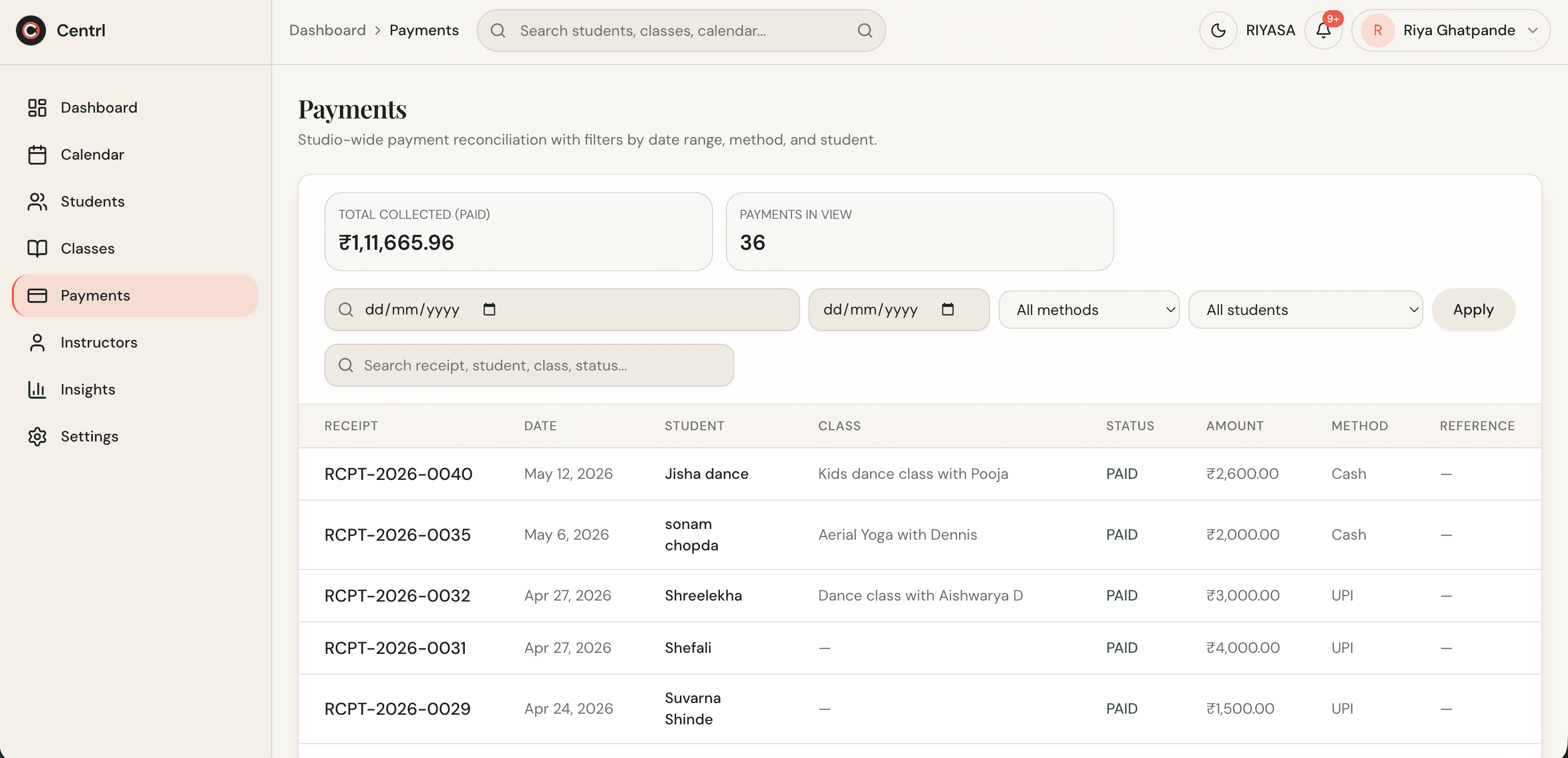 Payments & Receipts in Centrl Studio — paid, pending, and overdue dues with receipt tools