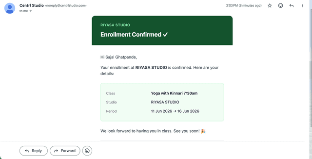 Enrollment confirmation email sent automatically to students in Centrl Studio