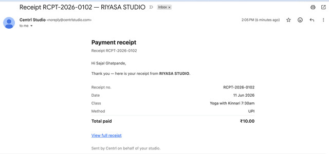 Payment receipt email sent automatically to students in Centrl Studio