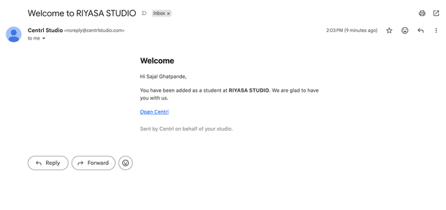 Welcome email sent automatically when a new student joins Centrl Studio