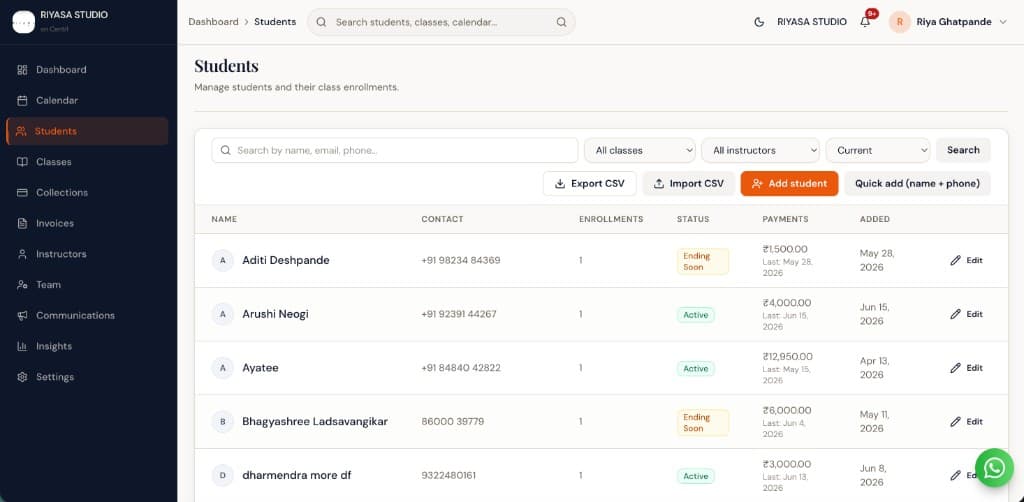 Student Onboarding in Centrl Studio — quick student entry and class assignment workflow