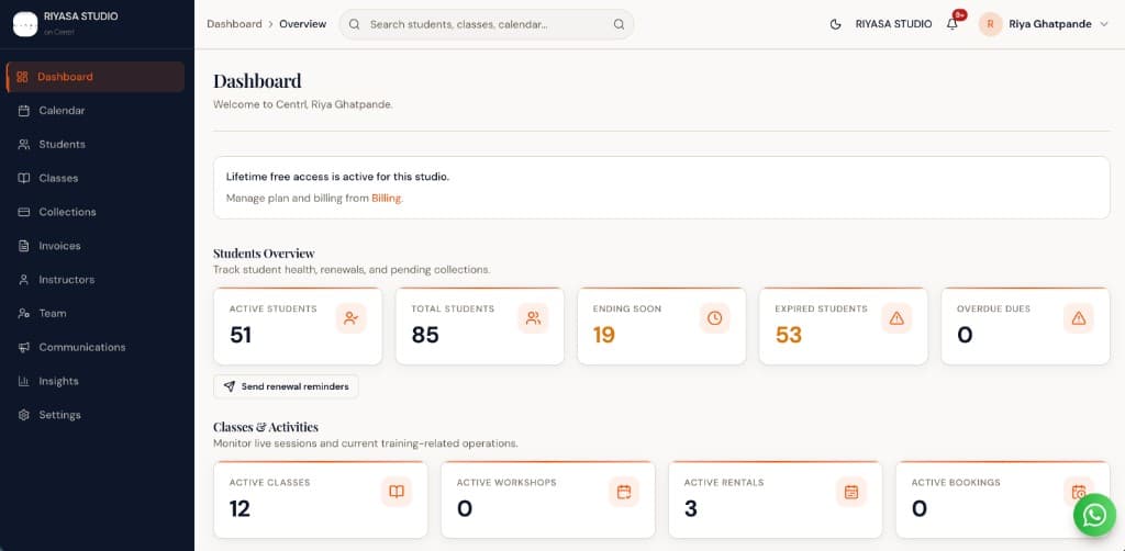 Dashboard Overview in Centrl Studio — studio dashboard with live students, classes, and billing summary
