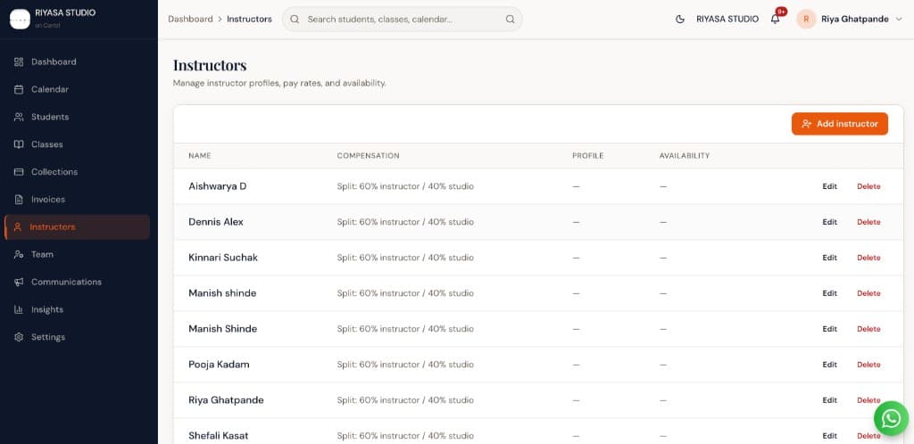 Instructor Payouts in Centrl Studio — monthly earnings and payout tracking per instructor