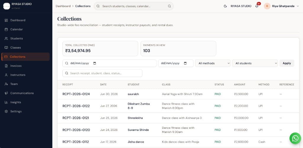 Payments & Receipts in Centrl Studio — paid, pending, and overdue dues with receipt tools